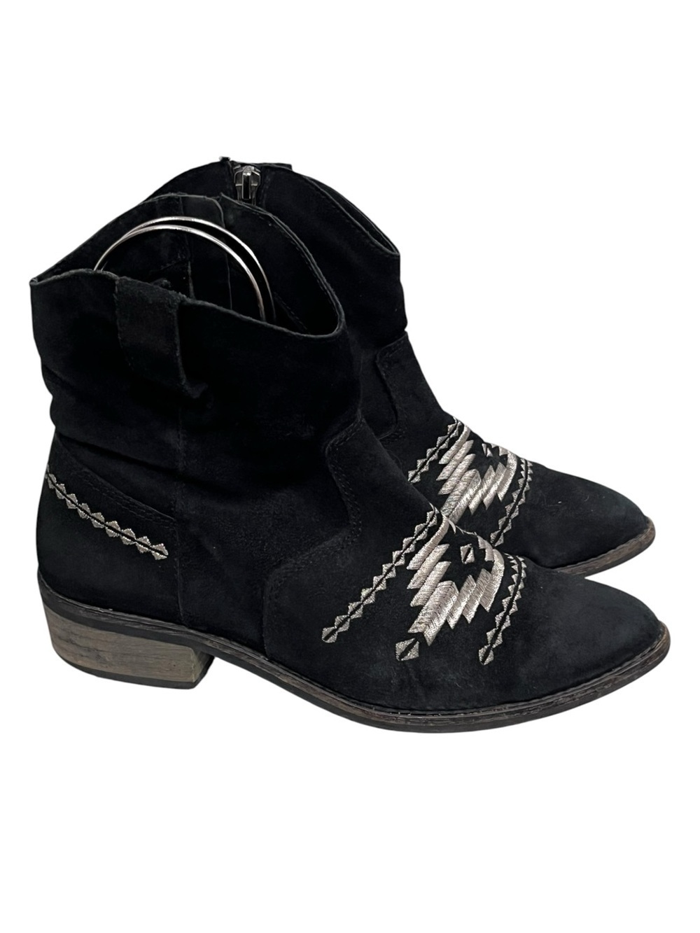 Musse & Cloud Ginger Black Suede Western Style Aztec-Stitch Ankle Booties 38 - Picture 2 of 10